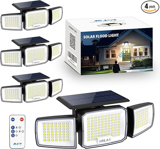 Solar Security Light Outdoor Super Bright LED, Motion Sensor Flood Light, 3 Heads 270° Wide Angle,Remote Control, IP65 Waterproof, 3 Modes (4 Packs) JEJOT