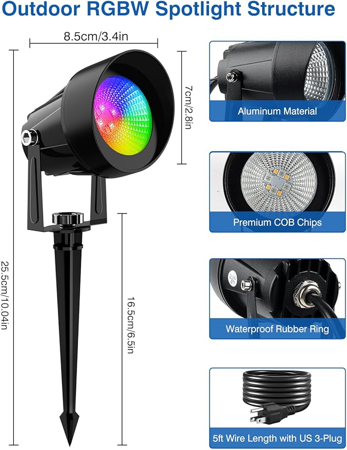 Spot Lights Outdoor, Smart RGBW LED Color Changing Landscape Lighting with APP and Remote Control, Music Mode, DIY Scenes, Timing, IP65 Waterproof Spotlight Plug in for Yard Garden, 4 Pack CREPOW