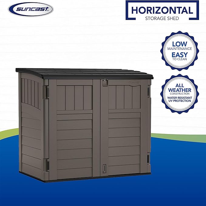 Suncast 34 Cu Ft Horizontal Resin Storage Shed - Outdoor Storage Shed with Floor Included, Lockable, Weatherproof, Fits Small to Medium Trash Cans, Generators, & Garden Tools, Stoney Black Suncast