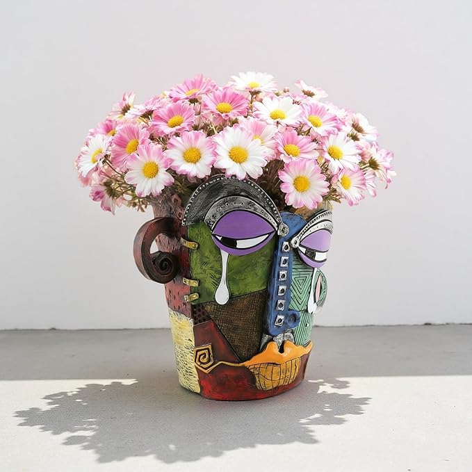 Picasso Abstract Face Flower Pot,Unique Resin Crafted Planter with Drainage Holes,Interesting Colorful Planter with Human face,for Indoor and Outdoor Botanical Home décor (Tears) Rootora