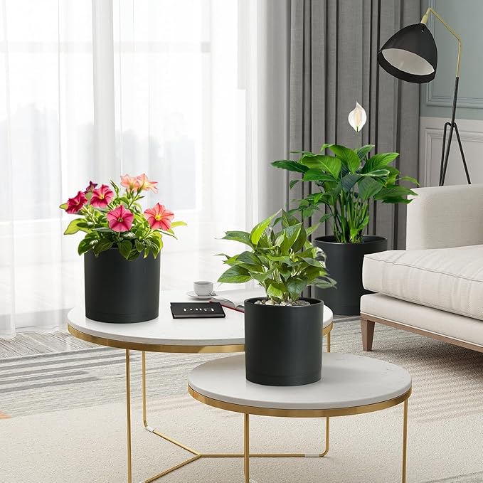 8/7/6 inch Plant Pots, 3 Set Cylinder Flower Pots for Outdoor Indoor Plants, Decorative Plastic Planters with Drainage Holes and Saucers for Garden House Plants, Black Meowell