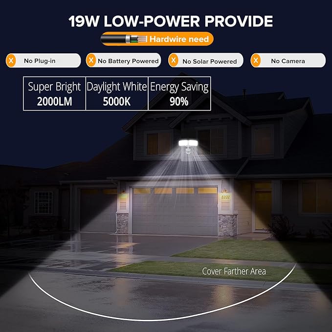 UME 19W LED Security Lights Motion Sensor Light Outdoor, 2000LM Motion Flood Light, 5000K, IP65 Waterproof, 2 Adjustable Head Motion Detector Security Light for Exterior,Outside,Garage,Yard(White) UME