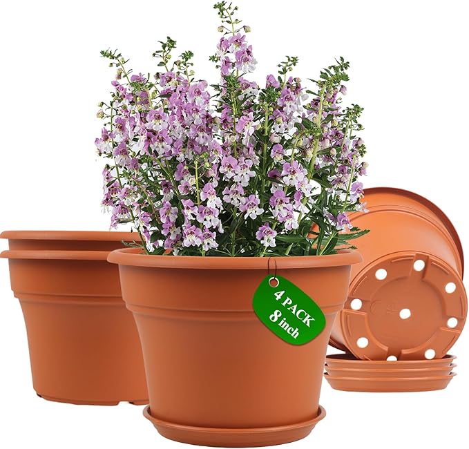8 Inch Plastic-Flower Pot-for-Indoor Plants, 4 Pack Large Outdoor Planter Pot with Drainage Holes & Saucers, Resin Decorative Garden Pots Planters Pottiffe