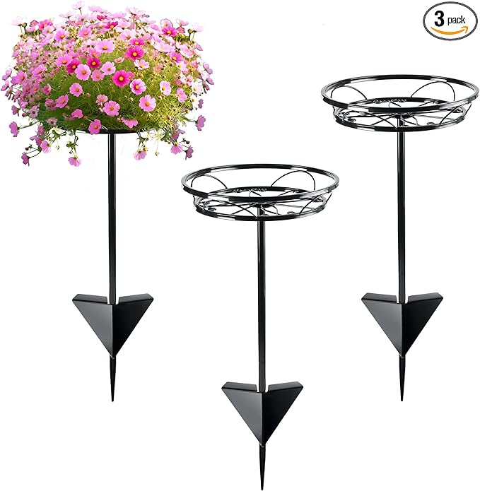 Tellingyou 3 Pack Adjustable Outdoor Flower Pot Stand, Metal Outdoor Plant Stands, Spring Summer Versatile Plant Stand Garden Stake for Display Plants, Elegant Solution for Landscaping Decor (Black) Tellingyou