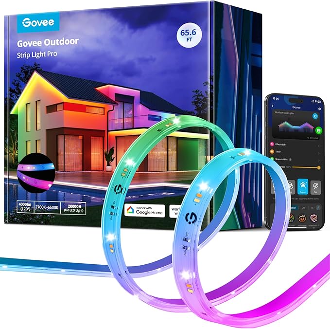 Govee Outdoor LED Strip Lights RGBIC with Warm and Cold White, 65.6ft 2.4G WiFi Smart Outdoor Lights, IP65 Waterproof, Work with Alexa and Google Assistant, App Control, for Porch, Patio, Eave, Party Govee
