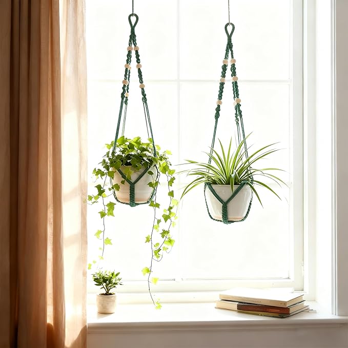 Macrame Plant Hanger,Up to 4-15 inch Pots, Wood Beads Cotton Hanging Planter Holder for Indoor Outdoor Boho Home Decor, 35 Inch, Ivory, Set of 2 (Green) Rootora