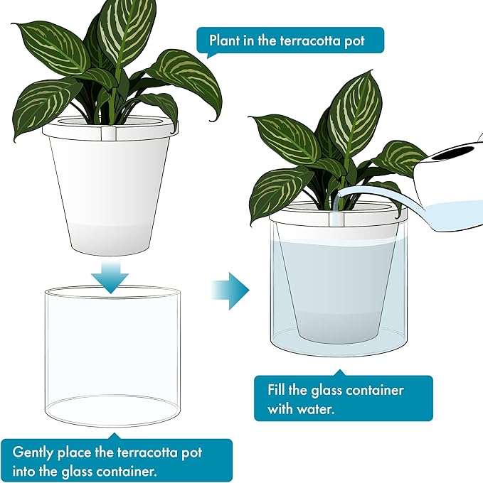 D'vine Dev 10 Inch Design Self Watering Planter for Indoor Plants, White Terracotta Pots with Cylinder Glass Cup, 37-X-D-2 DvineDevPlanterPotsandStand