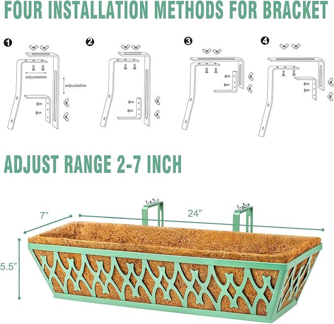 6 Pack 24 Inch Window Boxes Planters Railing Planter Box with Adjustable Brackets for Porch Fence Patio Balcony Hanging Flower Baskets with Coco Liners for Outdoor Garden Decor - Green KarlliuHOMEGARDEN