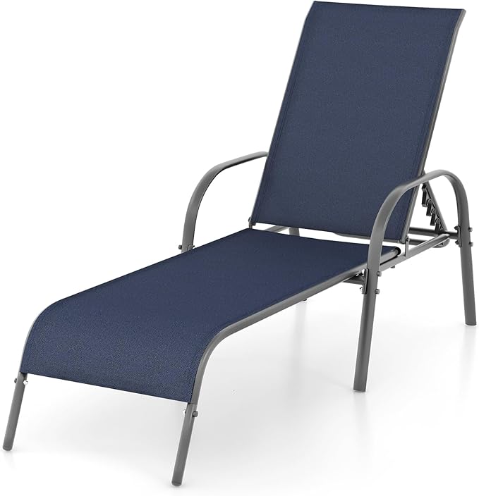Giantex Patio Lounge Chair, Outdoor Chaise Lounge with 5 Adjustable Backrest, Sturdy Steel Frame, Sunbathing Recliner, Tanning Chair for Beach, Outside, Yard, Balcony, Pool Chairs, Navy Giantex