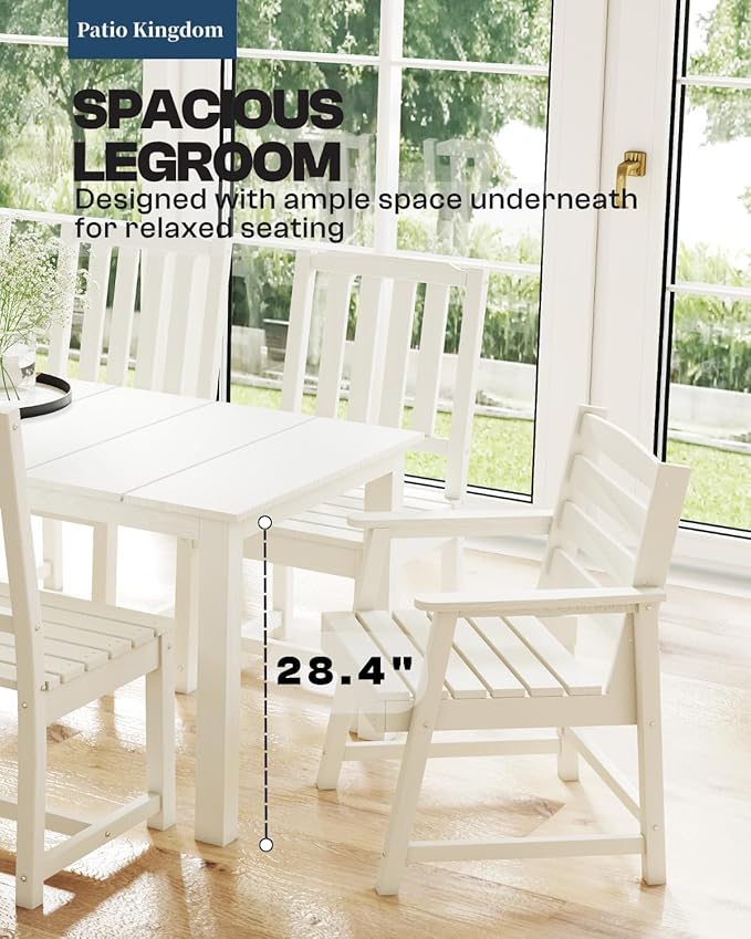 5-Piece White Outdoor Dining Set with White 15FT Large Patio Umbrella, 75.2'' HDPE Table & Chairs for 8, Weather-Resistant Furniture with Umbrella Hole for Patio, Lawn, Poolside PatioKingdom