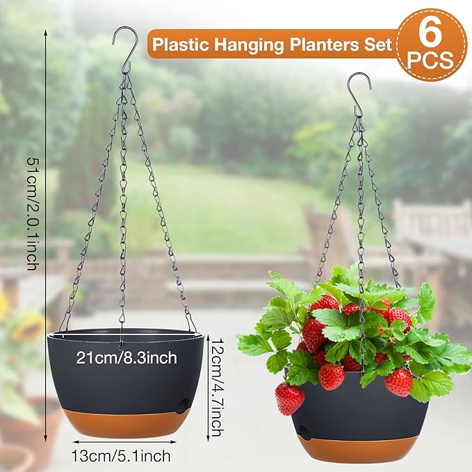 Mumufy 6 Pcs 8 Inch Hanging Planters, Dark Gray, Plastic with Drainage Hole and Removable Saucer, Suitable for Indoor and Outdoor Plants Mumufy