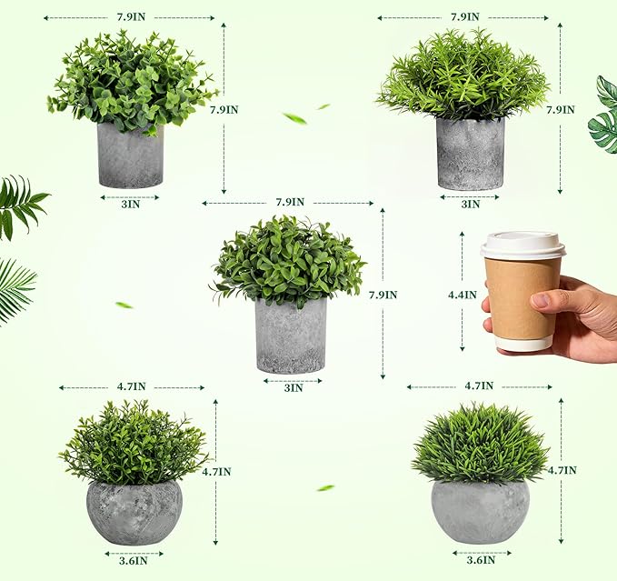 Fake Plants,5 Pack Small Fake Plants Mini Potted Artificial Eucalyptus Greenery Plastic Green Grass Plants for Indoor Outdoor,Mini Faux Plant for Shelve Desk Table Farmhouse Bathroom Shelf Decor Lemonfilter