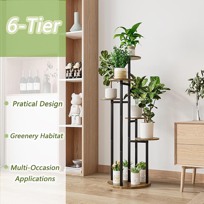 Plant Stand Indoor 6 Tier 9 Potted Multiple Flower Pot Holder for Patio Garden Balcony Living Room Corner (6 Tier Black+Rustic Brown) INGIORDAR