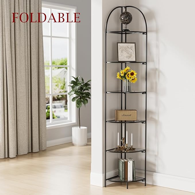 Crofy Foldable 6 Tier Corner Shelf, Metal Corner Plant Stand with Black Frame and Transparent Shelves, Corner Display Rack Multipurpose Shelving Unit for Living Room, Bedroom, Bathroom CrofyLLC