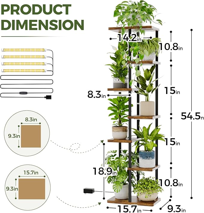 Bamworld Plant Stand with Grow Light for Indoor Plants Corner 7 Tier Metal Plant Shelf Wood Flower Stand for Home Living Room Decor Patio Decor Bamworld
