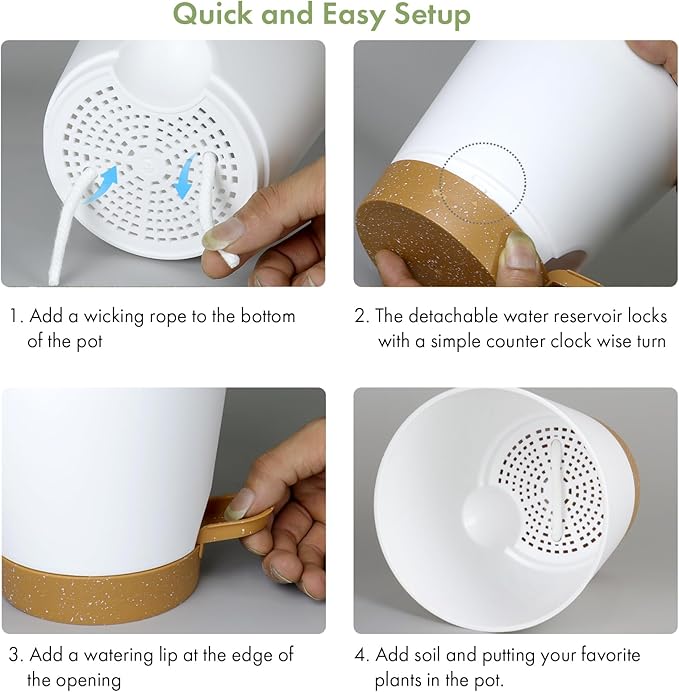 7/6.5/6/5.5/5/4 inch Self Watering Pots for Indoor Outdoor Plants, 6 Pack Plastic Flower Planters with Drainage Holes and Removable Saucers, Plant Pots with Wicking Rope, White Brown WSMKSZ