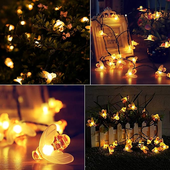 Brightown Solar Bee String Lights Outdoor 31FT 50 LED Honeybee Fairy Lights with 8 Lighting Modes, Waterproof Solar Bumble Bee for Patio Yard Garden Grass Wedding Christmas Party Decor, Warm White Brightown