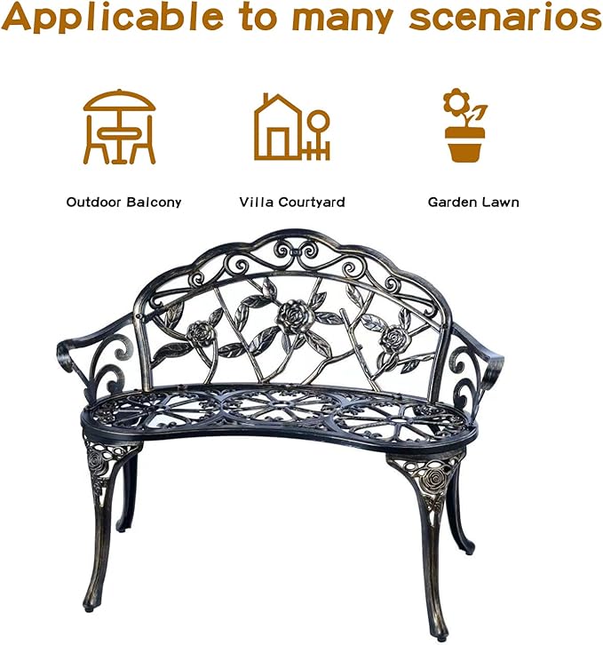 JARDIN DE CENTENNIAL Patio Garden Bench Metal Park Bench Cast Aluminum Outdoor Furniture with Floral Rose for Patio,Park,Lawn,Yard (Copper) JARDINDECENTENNIAL