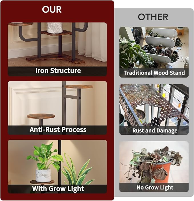 Corner Plant Stand with Grow Light - 6 Tier Plant Stand Indoor Round Metal Plant Shelf with Adjustable Light, Plant Organizer for Living Room, Graden, Home Decor (Brown) Homsorout