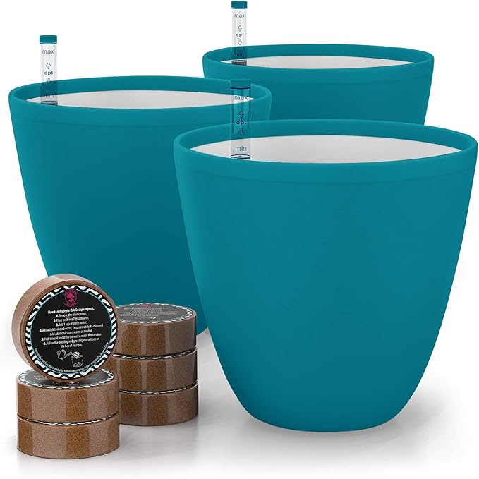 GARDENIX DECOR Self Watering Pots for Indoor Plants 3 Pack - Flower Pot with Water Level Indicator for Plants, Grow Tracking Tool - Self Watering Planter Plant Pot - Coco Coir - Teal Rootora