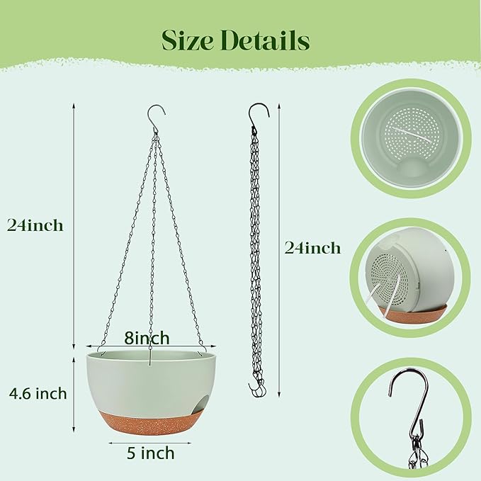 Set of 4-8 Inch Self Watering Hanging Planters for Indoor Outdoor，Hanging Plant Pots with Drainage & Removable Tray, Hanging Pots Holder for Ivy, Pothos, Ferns, Balcony & Patio, Green Brown zople