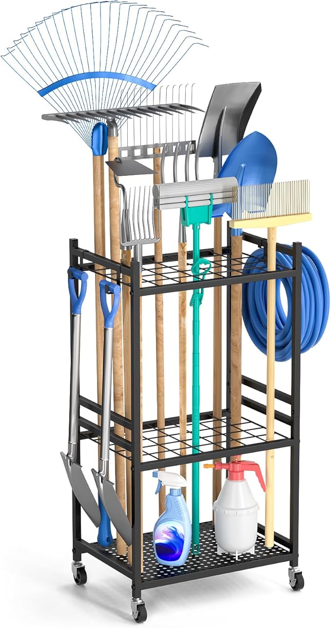 Garden Organizer With Wheels, Yard Tower Rack for Garage Storage, Up to 35 Long-Handled Tools, Sturdy Metal Steel Holder With 3 Hooks, Outdoor, Black DAOUTIME