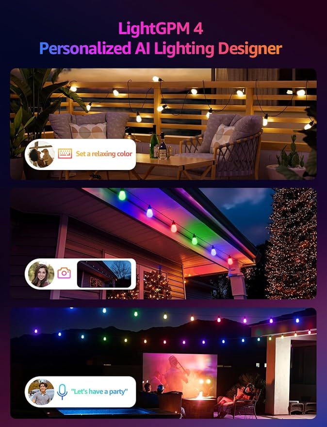 Lepro ZB1 AI Smart Outdoor String Lights APP Control, 54(42+12) ft RGB+IC+Warm White Outdoor Lights 15 LED Bulbs, Alexa Google Home Enable, AI Generated Lighting LLM, NO Remote 2.4 GHz WiFi+Bluetooth Lepro