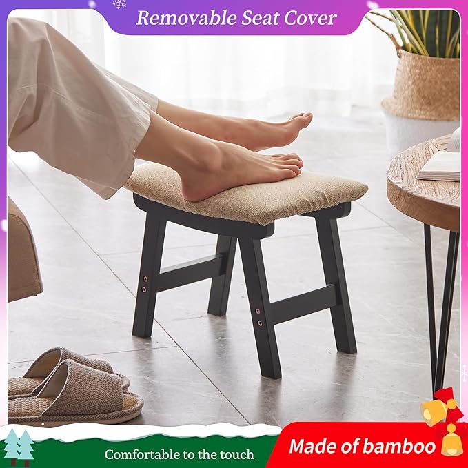 Foot Stool,Ottoman,Bamboo Small Sofa Foot Rest Under Desk,Extra Seating for Living Room, Bedroom and Kitchen (Black Stool Legs - Beige Surface) Kitsanery