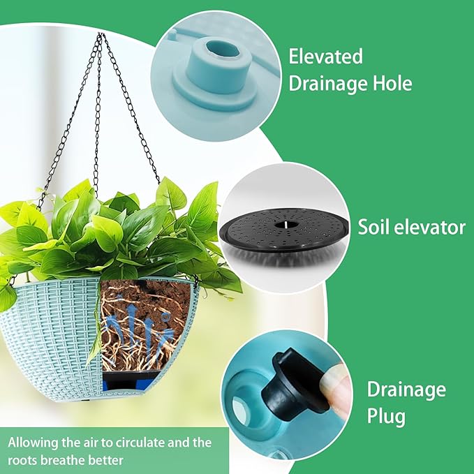 Hanging Planters for Outdoor Plants 8/10 Inch, 4 Packs Hanging Flower Pot Indoor with Drainage Holes, Self-Watering Hanging Basket Perfect for Home, Office and Garden (Sky Blue) RooTrimmer