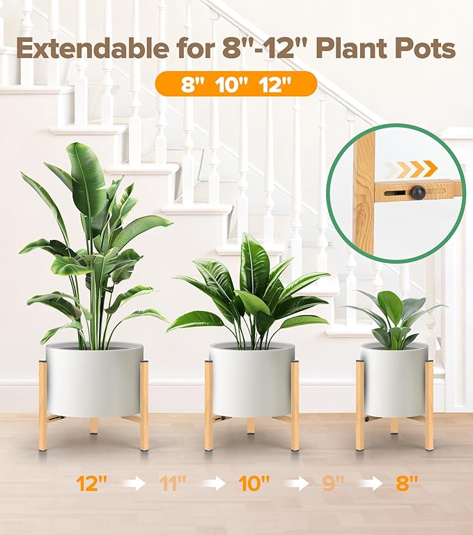 Plant Stand Indoor Adjustable, Metal Modern Indoor Plant Stand, Heavy Duty Plant Stands Outdoor Corner, Stable Plant Holder, Fits 8 to 12 Inches Pots, Black, 1 Pack, Natural Wood-Grain SculptingLightGarden