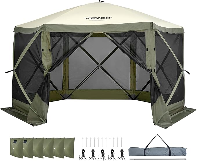 VEVOR 12x12ft Pop Up Gazebo Tent with Mosquito Netting, 6 Removable Wind Panels & 2 Mesh Windows, Outdoor Canopy Shelter for Patio, Army Green VEVOR