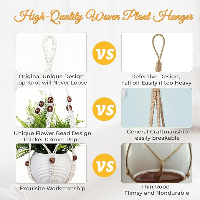35 Inch Macrame Plant Hanger, Large for up to 15 Inch Pot Extra Long Hanging Planter Holder Basket with Wood Beads for Indoor Outdoor Home Decor (Ivory, 1-Pack) Rootora