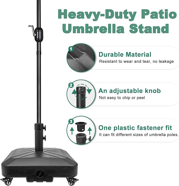 Patio Umbrella Base Heavy Duty with Wheels Square Market Stand for Outdoor 4 Locks 2 Knobs 125lb Capacity, Black RAOKUKH