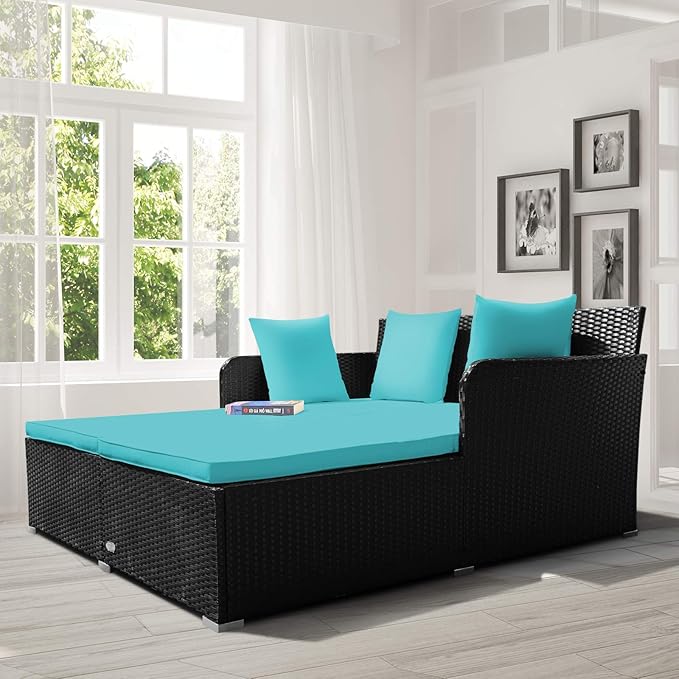 Tangkula Outdoor Rattan Daybed, Sunbed Wicker Furniture w/Spacious Seat, Upholstered Cushion & High-Resilience Sponge, Wicker Patio Sofa Set w/Extra Pillows for Courtyard Poolside(Turquoise) TANGKULA