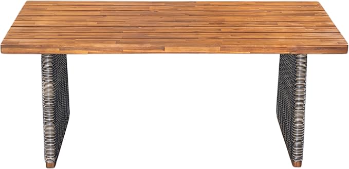 Christopher Knight Home Pasco Acacia Wood Outdoor Dining Table Set for 6, Wicker Patio Dining Set with Acacia Wood Table and Bench, Patio Table and Chair Set with Cushion+Rope Backrest, Teak+Grey ChristopherKnightHome