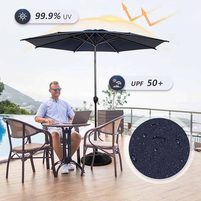 Abba Patio 9FT Lyon Outdoor Patio Umbrella Outdoor Table Umbrella with Push Button Tilt and Crank Market Umbrella 8 Sturdy Ribs UV Protection Waterproof for Garden Deck Backyard Pool, Navy Blue AbbaPatio