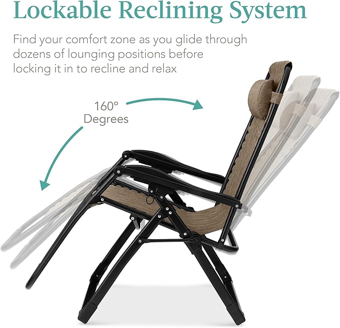 Best Choice Products Oversized Zero Gravity Chair, Folding Outdoor Patio Recliner, XL Anti Gravity Lounger w/Removable Cushion, Cup Holder, Side Tray, 350lb Capacity - Taupe BestChoiceProducts