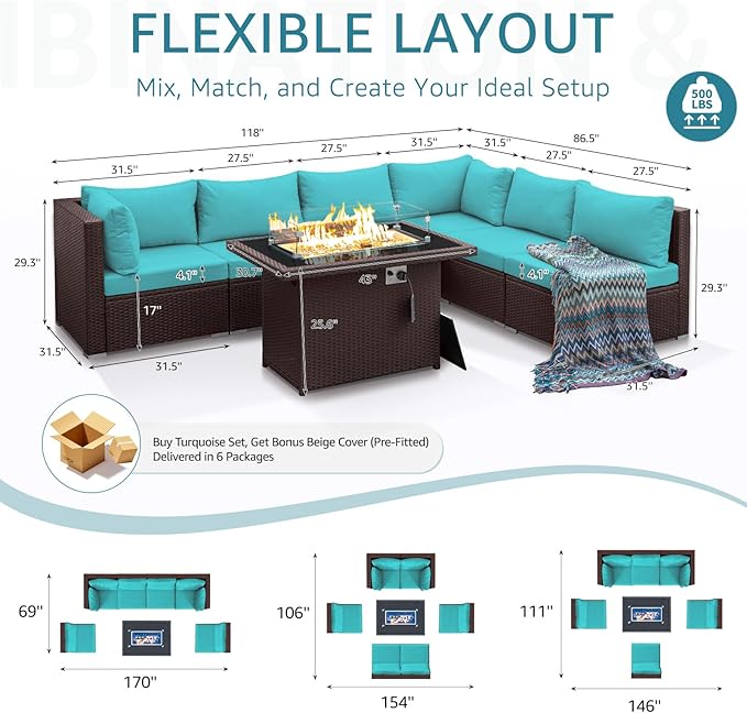NICESOUL 7 Piece Outdoor Furniture Set with Firepit Natural Gas & Propane, Plus Size Big Modern Patio Conversation Couch, 29.3 High Back Comfy Sectional Sitting Group, Brown Rattan and Teal Cushoin NICESOUL