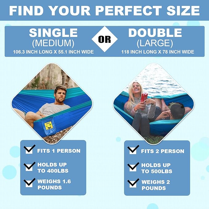 SZHLUX Camping Hammock Double & Single Portable Hammocks with 2 Tree Straps and Attached Carry Bag,Great for Outdoor,Indoor,Beach,Camping SZHLUX