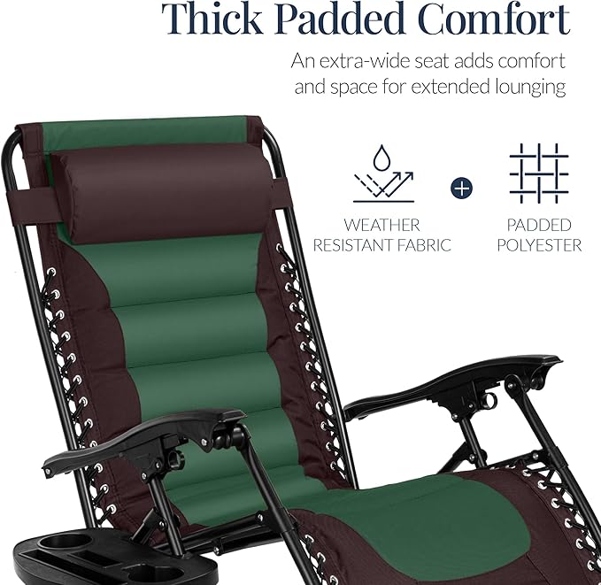 Best Choice Products Oversized Padded Zero Gravity Chair, Folding Outdoor Patio Recliner, XL Anti Gravity Lounger for Backyard w/Headrest, Cup Holder, Side Tray, Polyester Mesh - Espresso/Green BestChoiceProducts