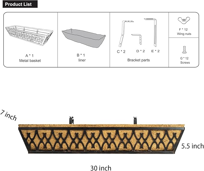 2 Pack 30 Inch Window Boxes Planters Railing Planter Box with Adjustable Brackets for Porch Fence Patio Balcony Hanging Flower Baskets with Coco Liners for Outdoor Garden Décor - Bronze KarlliuHOMEGARDEN