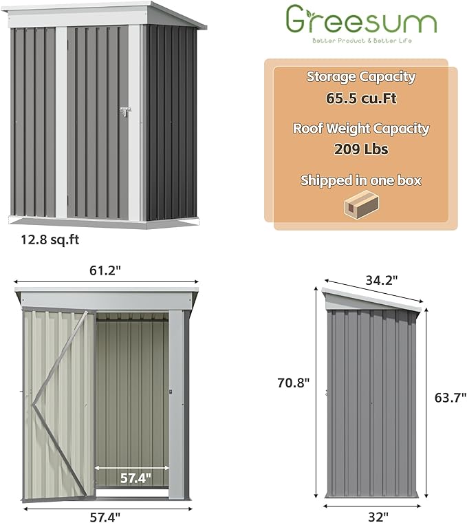 Greesum 5×3 FT Outdoor Storage Shed, Metal Storaged Sheds Without Floor, Tool Sheds with Lockable Doors and Slooping Roof for Garden, Patio, Backyard, Gray BuynowfromGreesum