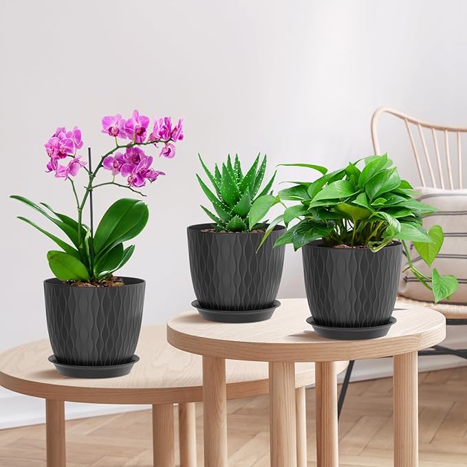 7 inch Plant Pots, 5 Pack Flower Pots with Drainage Holes and Saucers for Indoor Plants, Plastic Planters with Water Ripple for Small Garden House Plants, Nursery Pots for Succulent, Black WSMKSZ