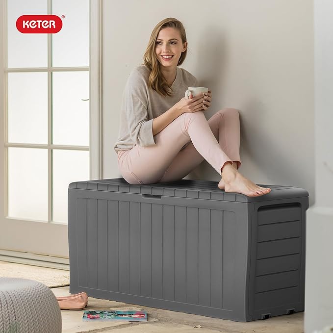 Keter Marvel Plus 71 Gallon Resin Outdoor Storage Box for Patio, Balcony & Garden – Weather‑Resistant Deck Box for Cushions, Pillows, Pool Floats & Tools, Light Grey Keter