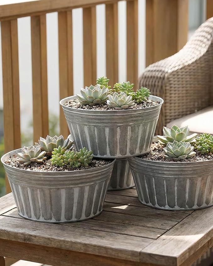 vensovo 10 Inches Silver Metal Rustic Plant Pots - 4 Pcs Large Shallow Galvanized Planters with Drain Hole and Rubber Plug, Rustproof Tin Bucket Succulent Pot Indoor Farmhouse Vintage Style for Decor vensovo