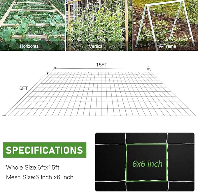 Trellis Netting, CANAGROW Heavy-Duty Garden Plant Trellis Netting for Climbing Plants, Outdoor Indoor Grow Net for Beans Tomatoes Peas Pumpkin Flowers, 6x15ft, 1 Pack CANAGROW
