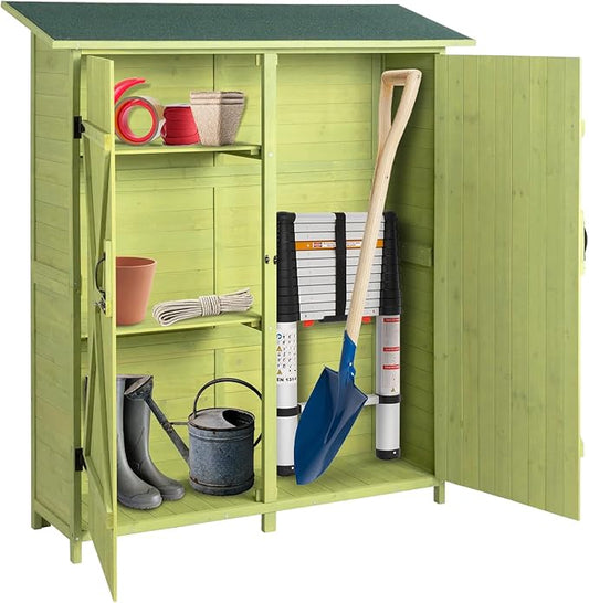 Outvita Outdoor Storage Cabinet with Waterproof Roof, Double Lockable Doors Garden Shed with 2 Removable Shelves, Wooden Storage Shed with Large Storage Space for Yard Garge Patio Deck Porch（Green） Outvita