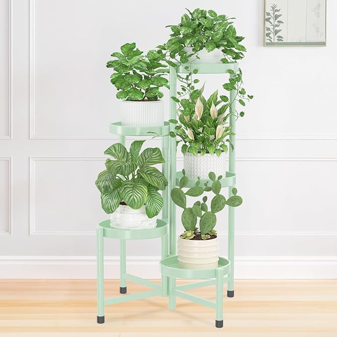 iDavosic.ly Plant Stand Indoor Outdoor, 5 Tier Corner Metal Flower Display Holder Shelf, Easy Assembly Folding Tall Orchid Rack for Patio Balcony Porch Garden Living Room House, Light Green iDavosicly
