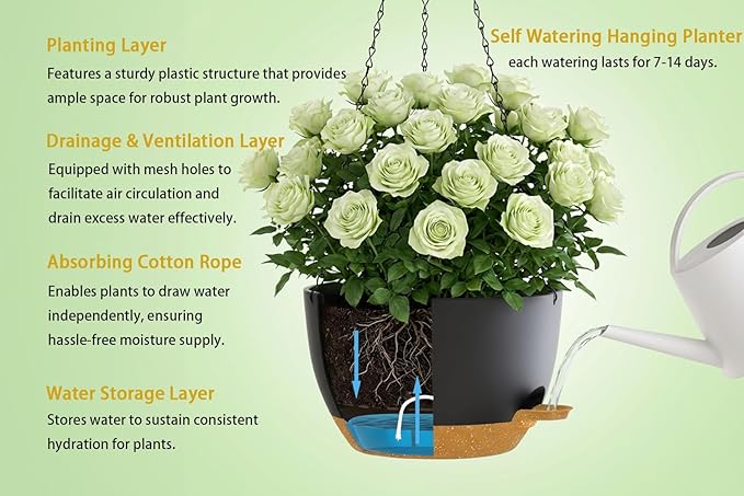 Hanging Planters, 3-Pack 10 Inch Self-Watering Pots with Drainage Holes and Chains, Matte Plastic Planters for Indoor/Outdoor Plant（Black Brown） Rootora