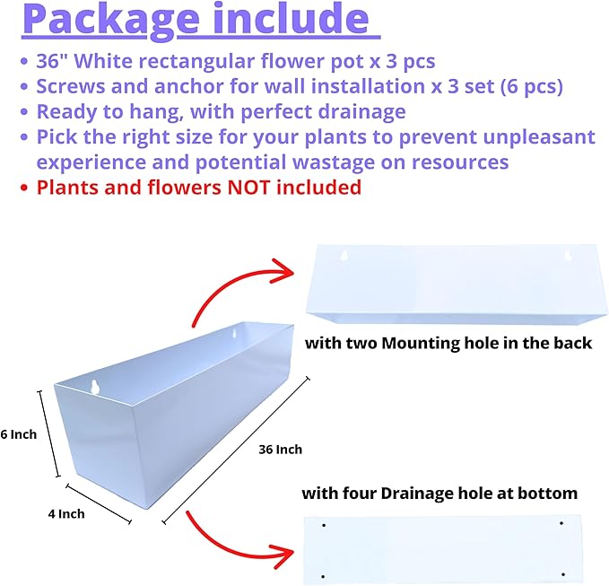 LaLaGreen Wall Planters for Outdoor Plants (36 Inch, 3 Pack) White Carbon Steel Metal Hanging Flower Pots, Long Rectangular Wall Mount Window Box Planters for Succulents, Fence, Deck Home Garden Decor L%C3%A1L%C3%A1Green